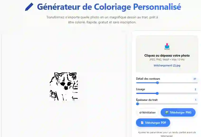 Interface du générateur de coloriage Suite Créative avec les curseurs de réglage visibles