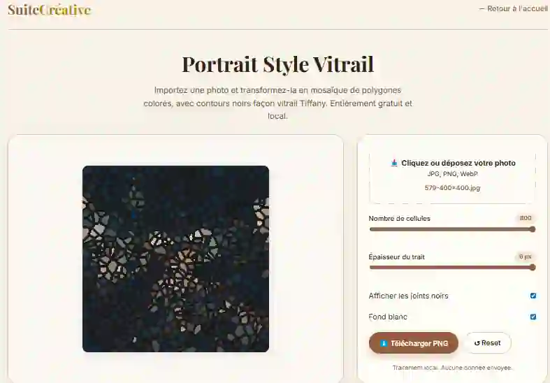 Interface du générateur vitrail mosaïque avec les curseurs de réglage nombre de cellules et épaisseur de trait